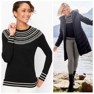 Talbots Fair Isle Crewneck Cotton Blend Sweater Black White Nordic Large Petite